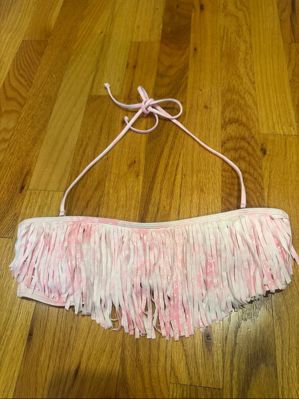 Abercrombie & Fitch Pink and White Fringe Bandeau Swim Top with Removable Strap